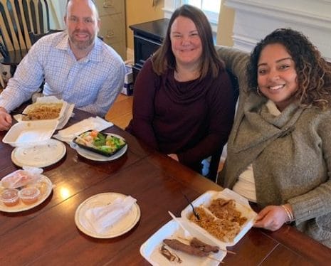 Justin DeLoach, Laura Inglis and Jackie Rios enjoy a meal together in our Marshfield office